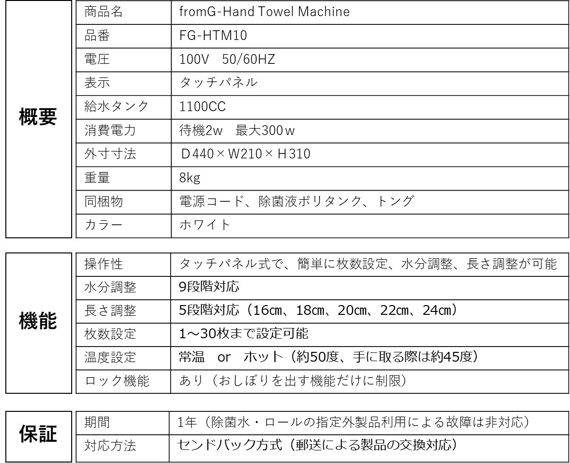 fromG-Hand 仕様表(概要・機能・保証)