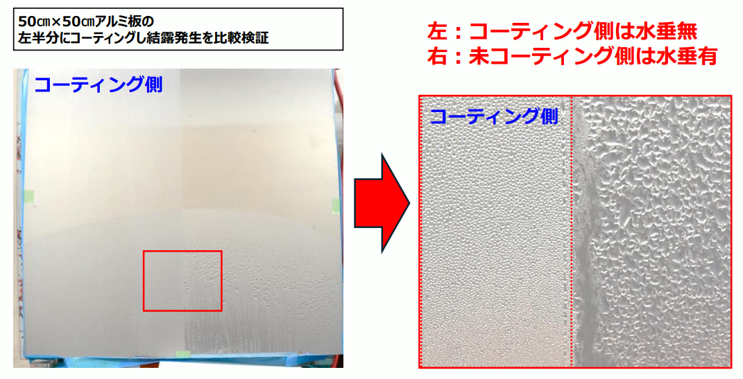 アルミ板の左半分にコーティングした結露発生の比較